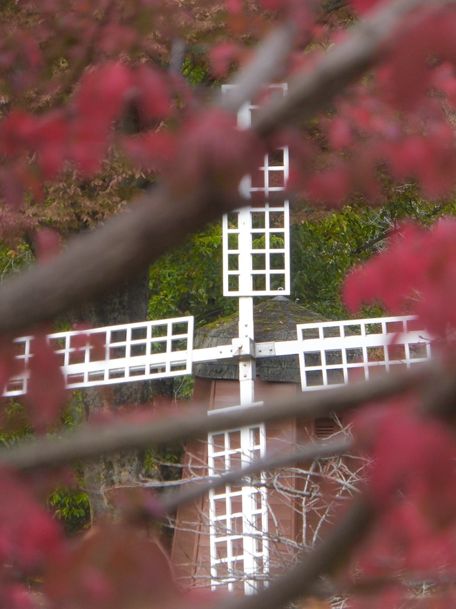 紅葉の奥の風車